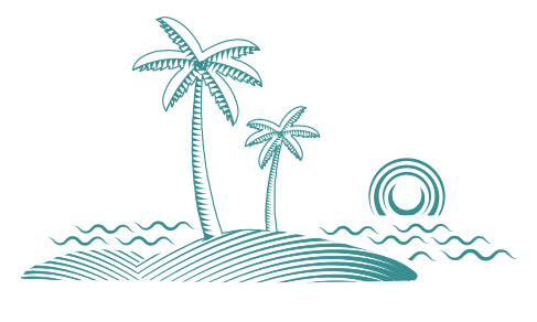 Woodcut style graphic of island with palm trees
