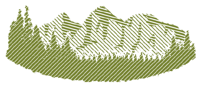 Woodcut style graphic of mountains and trees